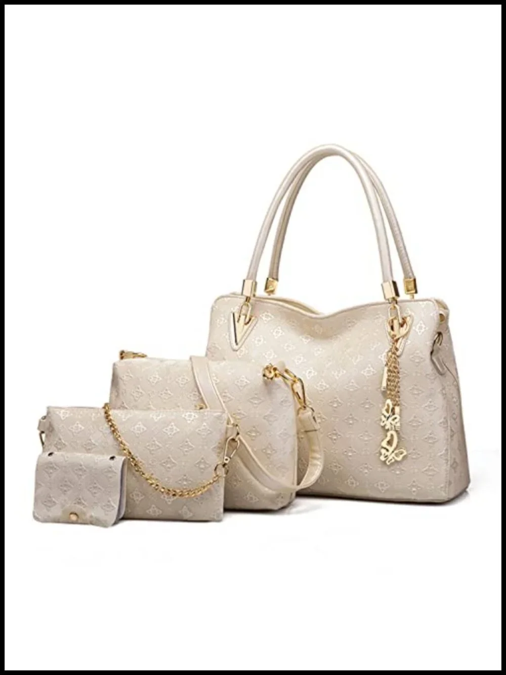4-Piece PU Leather Tote Set with Butterfly Chain, Shoulder Bag, Wallet